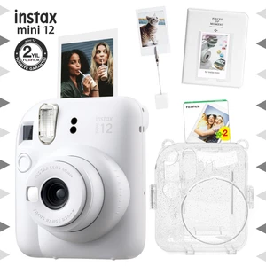 Instax Mini 12 Beyaz Fotoğraf Makinesi - 20'li Film - Kıskaçlı Stand - Pvc Albüm ve Simli Pleksi Kılıf Seti