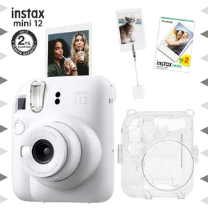 Instax Mini 12 Beyaz Fotoğraf Makinesi - 20'li Film - Kıskaçlı Resim Standı ve Simli Pleksi Kılıf Seti