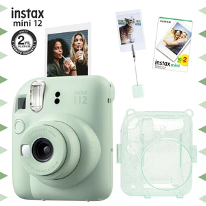 Instax Mini 12 Yeşil Fotoğraf Makinesi - 20'li Film - Kıskaçlı Resim Standı ve Simli Pleksi Kılıf Seti