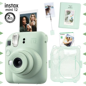 Instax Mini 12 Yeşil Fotoğraf Makinesi - 10'lu Film - Kıskaçlı Stand - Pvc Albüm ve Simli Pleksi Kılıf Seti
