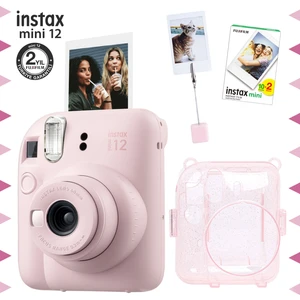 Instax Mini 12 Pembe Fotoğraf Makinesi - 20'li Film - Kıskaçlı Resim Standı ve Simli Pleksi Kılıf Seti