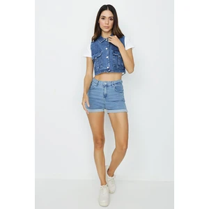 Select Moda Kadın Düğmeli Cep Detaylı Denim Yelek