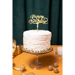 Gold Happy Birthday Yazılı Ayna Pleksi Pasta Üstü & Doğum Günü Partisi & Pleksi Pasta Süsü