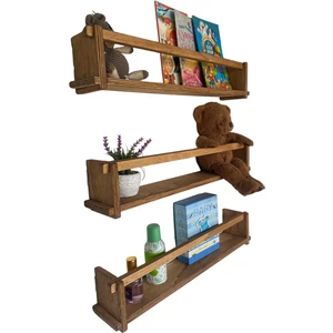 Ahşap Dekoratif Çocuk Odası Rafı, Mutfak Rafı, Montessori Kitaplık 3'lü Raf 40 Cm. Teak Rengi