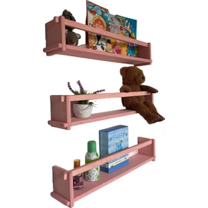 Ahşap Dekoratif Çocuk Odası Rafı, Mutfak Rafı, Montessori Kitaplık 3'lü Raf 55 Cm. Pembe