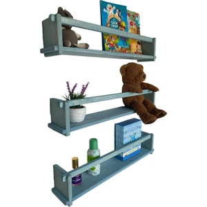 Ahşap Dekoratif Çocuk Odası Rafı, Mutfak Rafı, Montessori Kitaplık 3'lü Raf 55 Cm. Açık Mavi