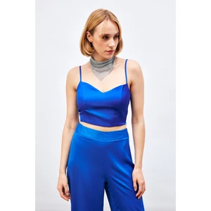 Ip Askılı Saten Crop Bluz - Sax Mavi