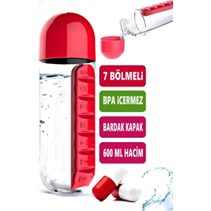 Chef Desing 600ML 7 Gün Hap Ilaç Saklama Kutusu Water Ilaç Kutulu Kapaklı Matara Suluk Hap Takipli Suluk