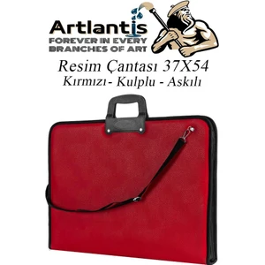 Kırmızı Resim Çantası Fermuarlı Kulplu 37X54 cm 1 Adet Teknik Resim Dosya Çantası 35X50 cm Askılı Proje Çantası Okul Sınıf