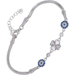 Nazar Boncuğu Yonca Yaprağı Kalp Model Zirkon Taşlı 925 Ayar Gümüş Kadın Bileklik