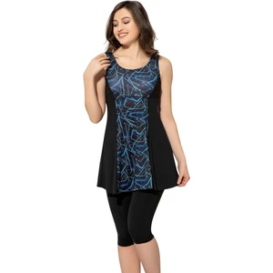 Siyah Büyük Beden Desenli Parçalı Taytlı Elbise Mayo