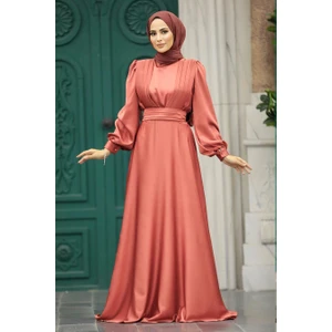 Neva Style Tesettürlü Abiye Elbise - Drape Detaylı Açık Gül Kurusu Saten  40621AGK