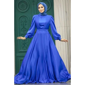 Neva Style Tesettürlü Abiye Elbise - Drape Detaylı Sax Mavisi  Saten 40621SX