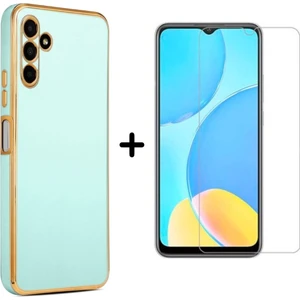 Samsung Galaxy M14 5g Uyumlu Kenarları Parlak Altın Renkli Kılıf ve Temperli Cam Ekran Koruyucu