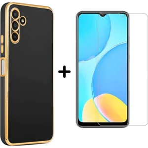 Samsung Galaxy M14 5g Uyumlu Kenarları Parlak Altın Renkli Kılıf ve Temperli Cam Ekran Koruyucu