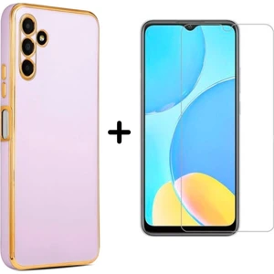 Samsung Galaxy M14 5g Uyumlu Kenarları Parlak Altın Renkli Kılıf ve Temperli Cam Ekran Koruyucu