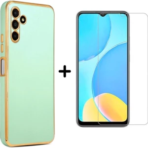 Samsung Galaxy M14 5g Uyumlu Kenarları Parlak Altın Renkli Kılıf ve Temperli Cam Ekran Koruyucu