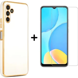 Samsung Galaxy M14 5g Uyumlu Kenarları Parlak Altın Renkli Kılıf ve Temperli Cam Ekran Koruyucu