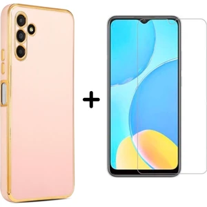 Samsung Galaxy M14 5g Uyumlu Kenarları Parlak Altın Renkli Kılıf ve Temperli Cam Ekran Koruyucu