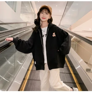 KİDS FACE Kapüşonlu Fermuarlı Minik Ayıcık Baskılı Pamuk Oversize Kız Çocuk Sweatshirt