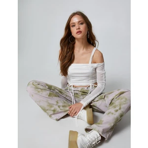 Uzun Kollu Tişört Crop Omzu Açık Büzgü Detaylı