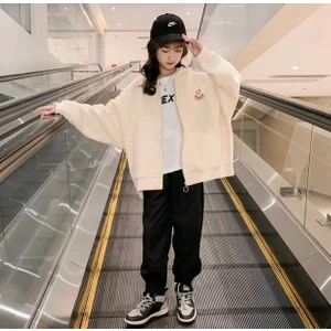 KİDS FACE KİDS FACEözeltasarım Kapüşonlu Fermuarlı Minik Ayıcık Baskılı Pamuk Oversize Kız Çocuk Sweatshirt