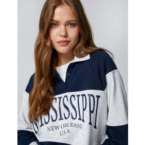 Oversize Kolej Sweatshirt Polo Yaka Baskılı Düğmeli