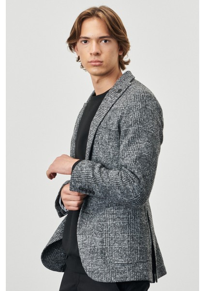 ALTINYILDIZ CLASSICS Erkek Siyah-gri Slim Fit Dar Kesim Kırlanıgıç Yaka Ekose Desenli Yünlü Ceket fırsatları