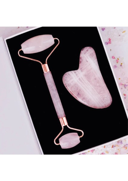 Doğal Taş Pembe Kuvars Face Roller ve Pembe Kuvars Kalp Gua Sha Yüz Masaj Aleti Premium Set