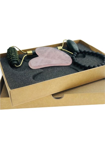 Yeşim Tırtıklı Face Roller ve Pembe Kuvars Kalp Gua Sha Yüz Masaj Aleti