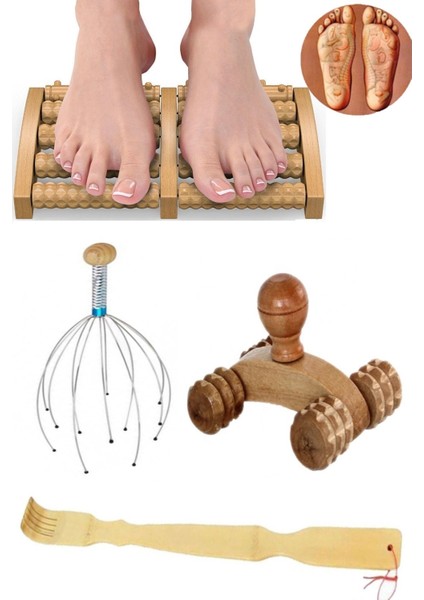 Ahşap Masaj Seti Boyun Sırt Ayak Kafa Masaj Aleti ve Ahsaşp Sırt Kaşıma Aleti 4'lü Set