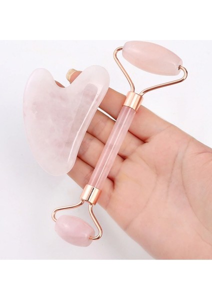 Doğal Pembe Kuvars Jade Roller Gua Sha Yüz Masaj Taşı Gençleştirici Yüz Bakım Seti 2li Set