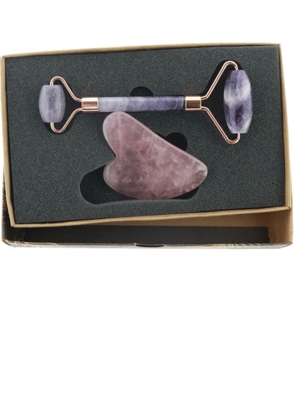 Ametist Face Roller ve Kuvars Kalp Gua Sha Yüz Masaj Taşı Seti