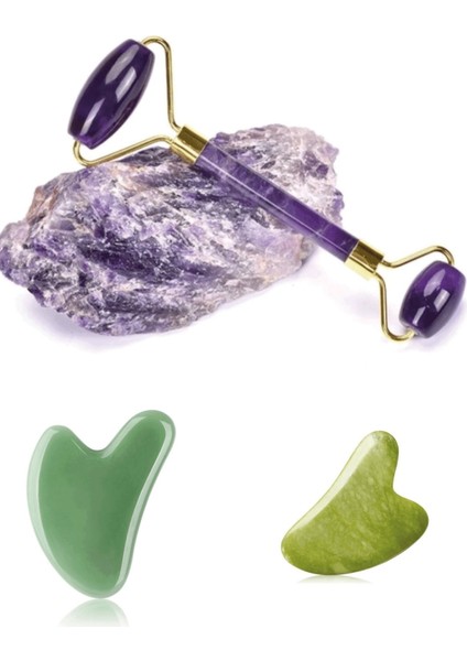 Ametist Face Roller Kalp ve Yeşim Kalp Gua Sha Yüz Masaj Taşı