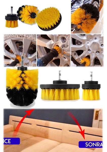 3'lü Matkap Ucuna Takılan Ev Koltuk Ofis Sandalye Temizleme Yıkama Fırçaları Seti Matkapa Takılan Uç