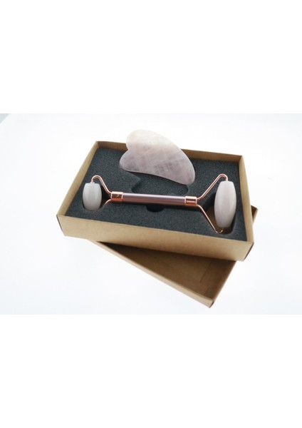 Pembe Kuvars Face Roller ve Kalp Gua Sha Masaj Taşı Set
