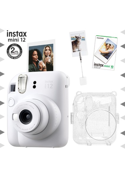 Instax Mini 12 Beyaz Fotoğraf Makinesi - 10'lu Film - Kıskaçlı Resim Standı ve Simli Pleksi Kılıf Seti