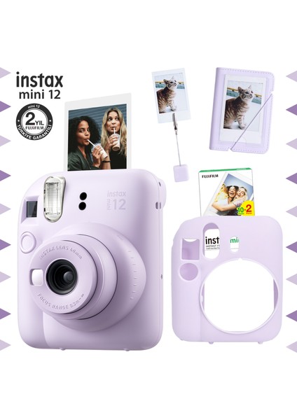 Instax Mini 12 Lila Fotoğraf Makinesi - 20'li Film - Kıskaçlı Stand - Mini Albüm ve Silikon Kılıf Seti