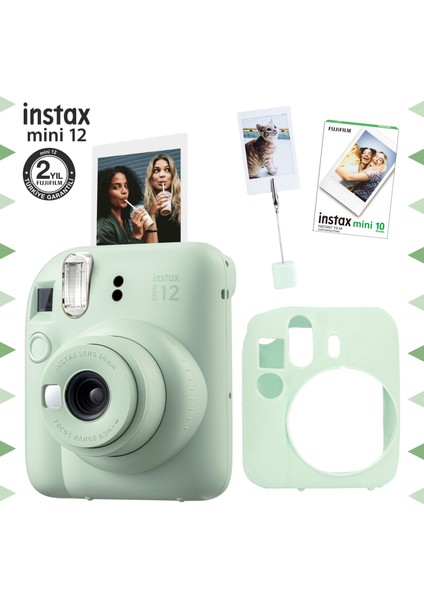 Instax Mini 12 Yeşil Fotoğraf Makinesi - 10'lu Film - Kıskaçlı Resim Standı ve Silikon Kılıf Seti