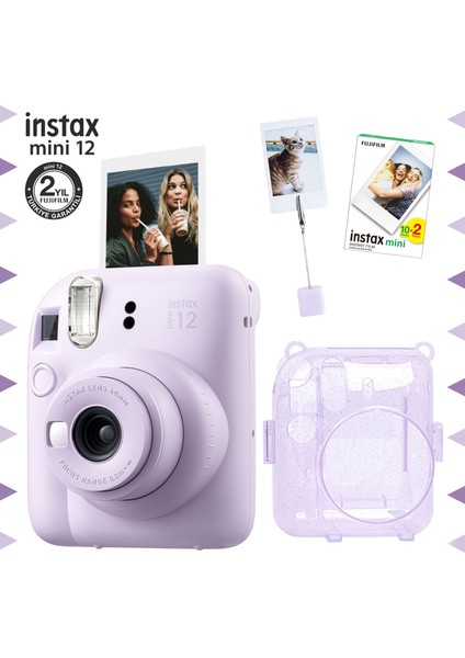 Instax Mini 12 Lila Fotoğraf Makinesi - 20'li Film - Kıskaçlı Resim Standı ve Simli Pleksi Kılıf Seti
