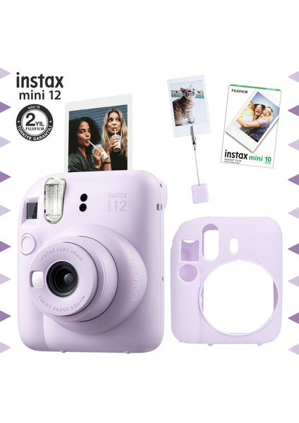 Instax Mini 12 Lila Fotoğraf Makinesi - Kıskaçlı Resim Standı ve Silikon Kılıf Seti