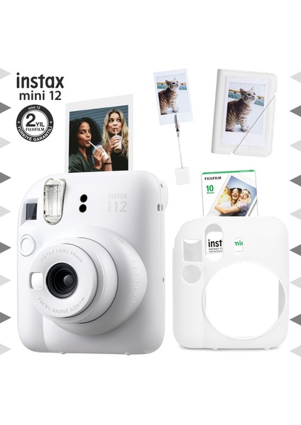 Instax Mini 12 Beyaz Fotoğraf Makinesi - 10'lu Film - Kıskaçlı Stand - Mini Albüm ve Silikon Kılıf Seti
