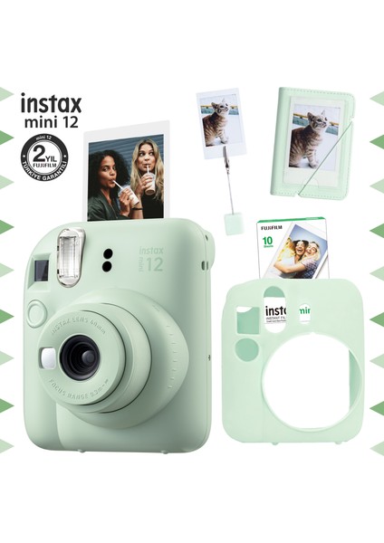 Instax Mini 12 Yeşil Fotoğraf Makinesi - 10'lu Film - Kıskaçlı Stand - Mini Albüm ve Silikon Kılıf Seti