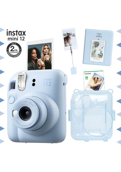 Instax Mini 12 Mavi Fotoğraf Makinesi - 10'lu Film - Kıskaçlı Stand - Pvc Albüm ve Simli Pleksi Kılıf Seti