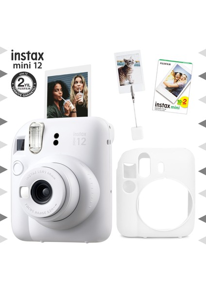 Instax Mini 12 Beyaz Fotoğraf Makinesi - 20'li Film - Kıskaçlı Resim Standı ve Silikon Kılıf Seti