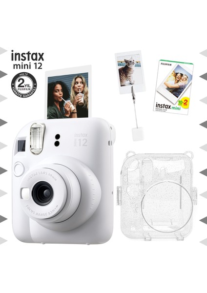 Instax Mini 12 Beyaz Fotoğraf Makinesi - 20'li Film - Kıskaçlı Resim Standı ve Simli Pleksi Kılıf Seti