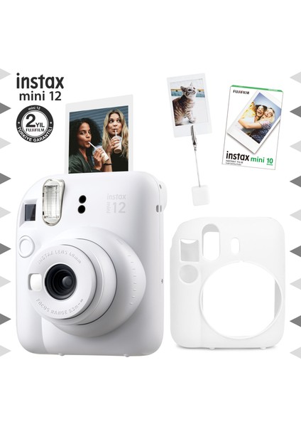 Instax Mini 12 Beyaz Fotoğraf Makinesi - 10'lu Film - Kıskaçlı Resim Standı ve Silikon Kılıf Seti