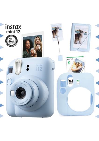 Instax Mini 12 Mavi Fotoğraf Makinesi - 10'lu Film - Kıskaçlı Stand - Mini Albüm ve Silikon Kılıf Seti