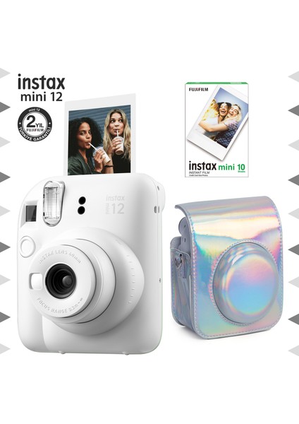 Instax Mini 12 Beyaz Fotoğraf Makinesi - 10'lu Film ve Parlak Kılıf Seti