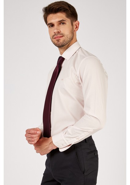 Erkek Açık Pembe Düz Slim Fit Uzun Kol Gömlek
